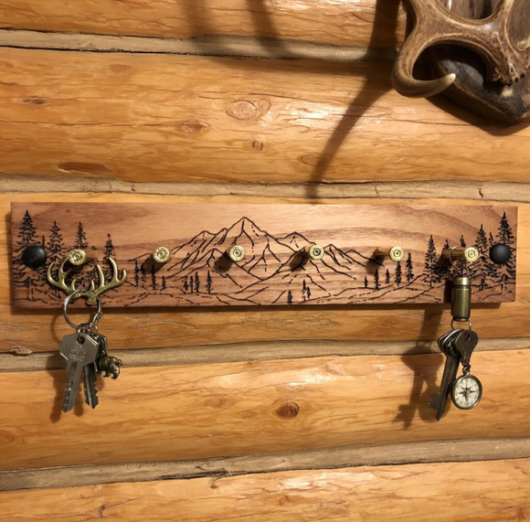 Silver Fox Woodcrafts Other - Rustic Wooden Mountain Key Rack - Laser Engraved Pine Trees & Peaks